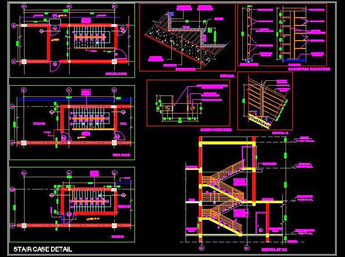 R.C.C. Staircase Detail CAD with Handrail & Balustrade